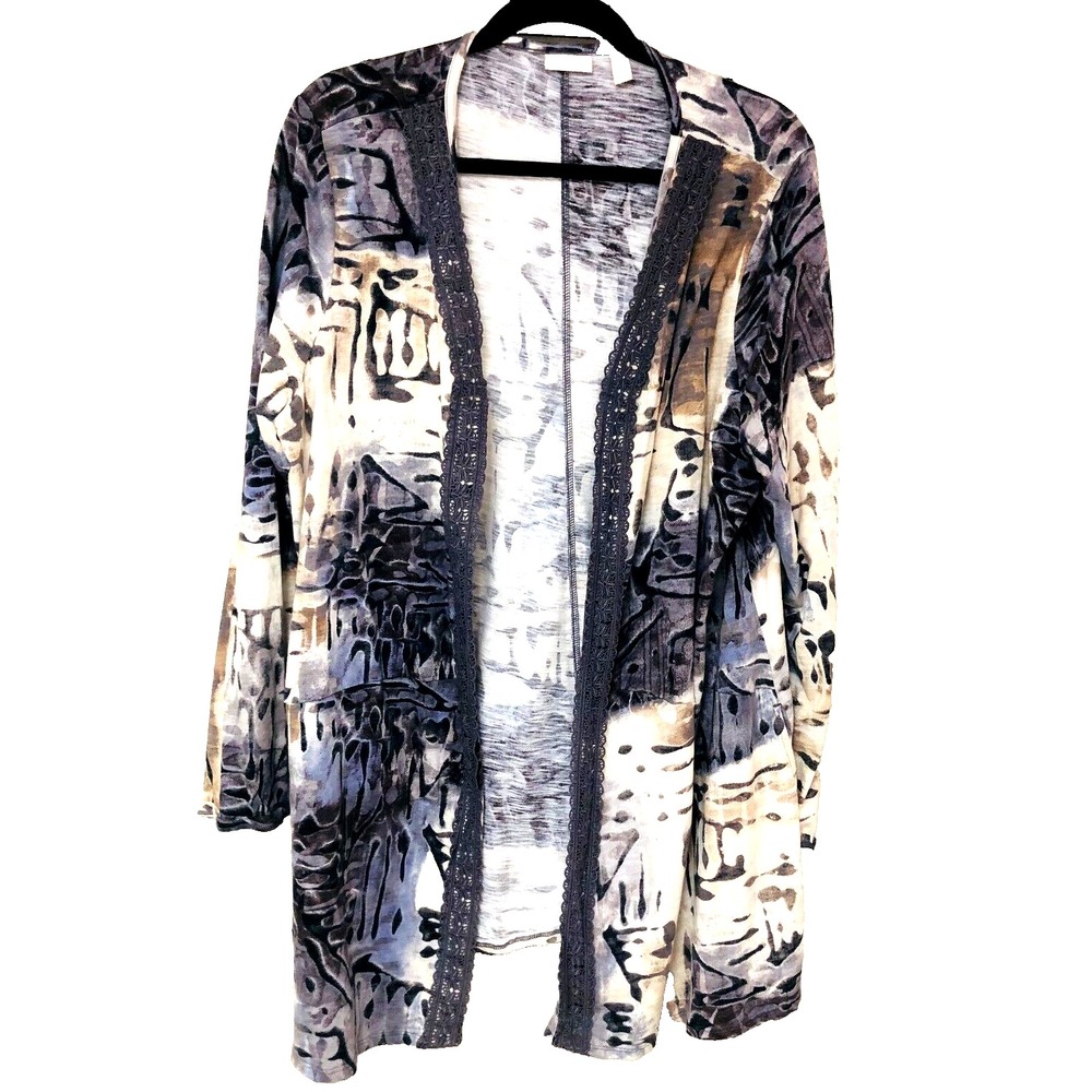 LOGO Lori Goldstein Womens Long Cardigan Abstract Slub Knit Lightweight Lace XL